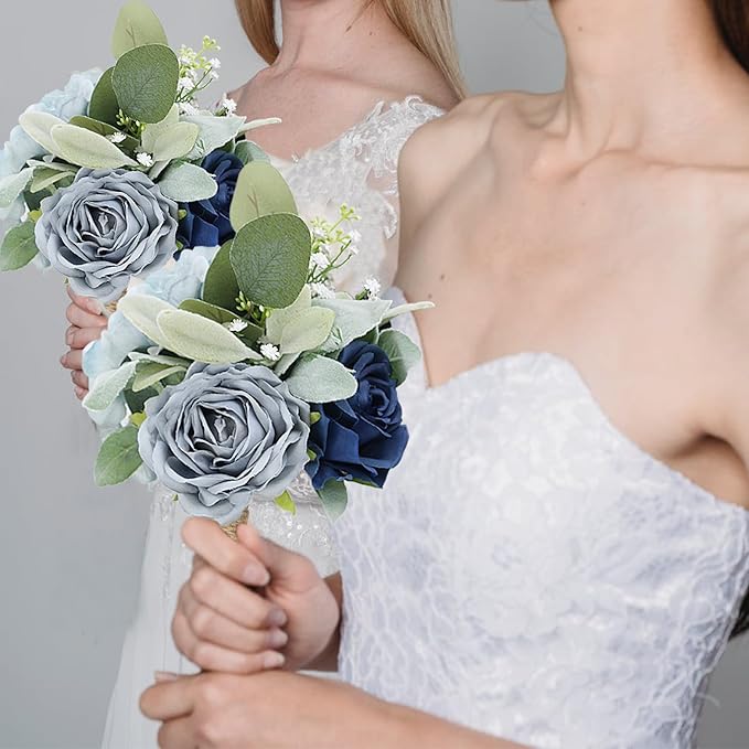 Artificial Bridesmaid Bouquets - Set of 4 Silk Rose Flowers Bouquet Wedding Rustic Small Floral Centerpieces for Marriage Proposal Party Anniversary Dining Table Decorations - Blue,7 Inch