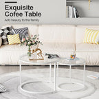 aboxoo White Nesting Glass Table Set of 2, Small Glass Round Nesting Tables for Living Room Bedroom, Accent Tea Table with Metal Frame Modern Industrial Simple
