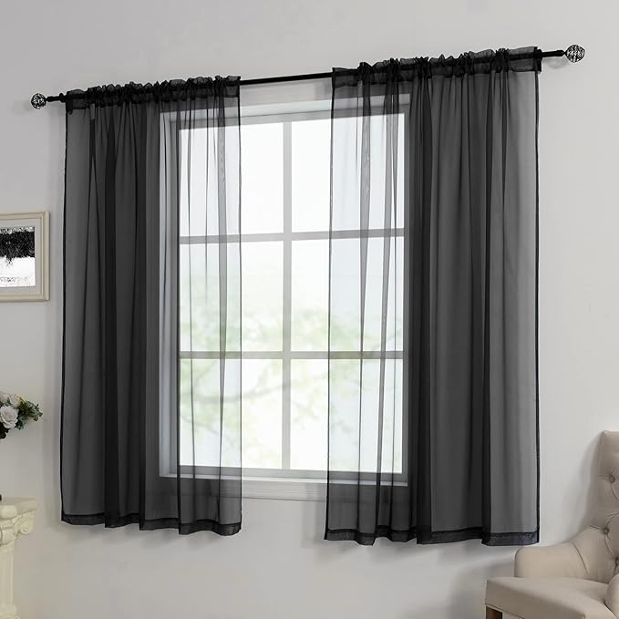 HUTO Black Sheer Curtains 54 inches Long for Bedroom Top Rod Pocket Sheer Window Panels Curtains for Nursery Living Room 52 by 54 Inch Length Set of 2