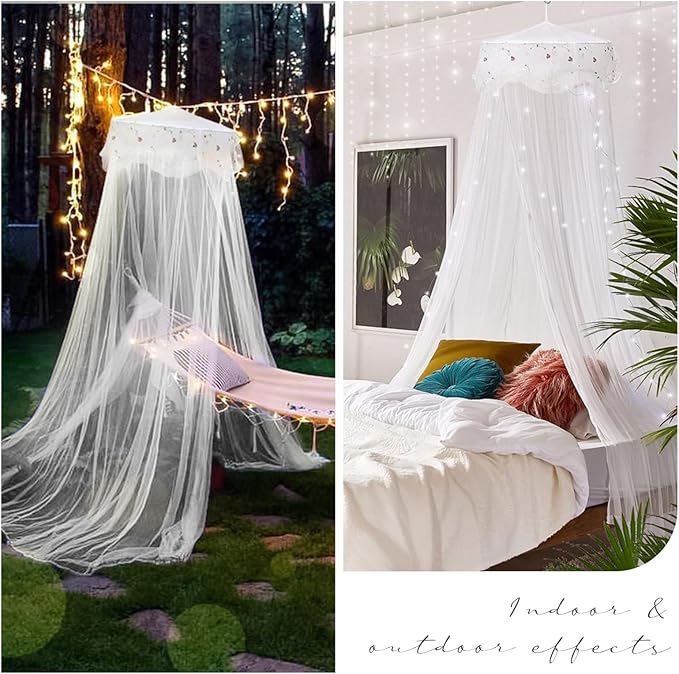 Jeteventy Bed Canopy for Girls, Princess Bed Curtain Net for Single to King Size,Bedroom Decoration of Round Lace Dome with Stainless Steel Hook,Quick Easy Installation (White)