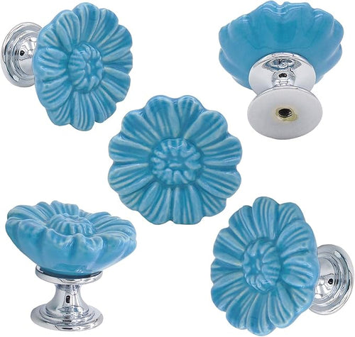 6PCS Vintage Floral Daisy Ceramic Dresser Drawer Knobs Elegant Cabinet Cupboard Door Hardware Pull Handles w/Screws Aqua Blue