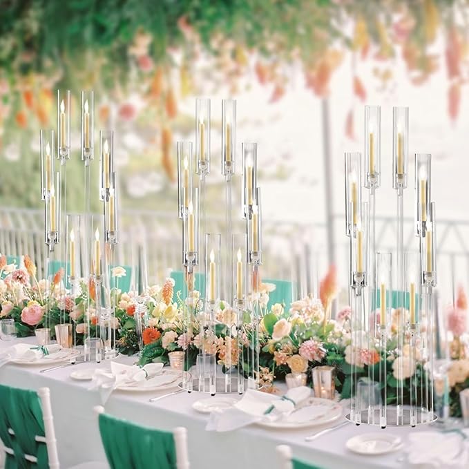 2PCS Acrylic Candelabra Centerpieces,Tall Clear Floor Candelabra for Wedding 8 Arm Candle Holder with Acrylic Shade Circular Base for Party Table Decoration Fit 0.87 LED Candle