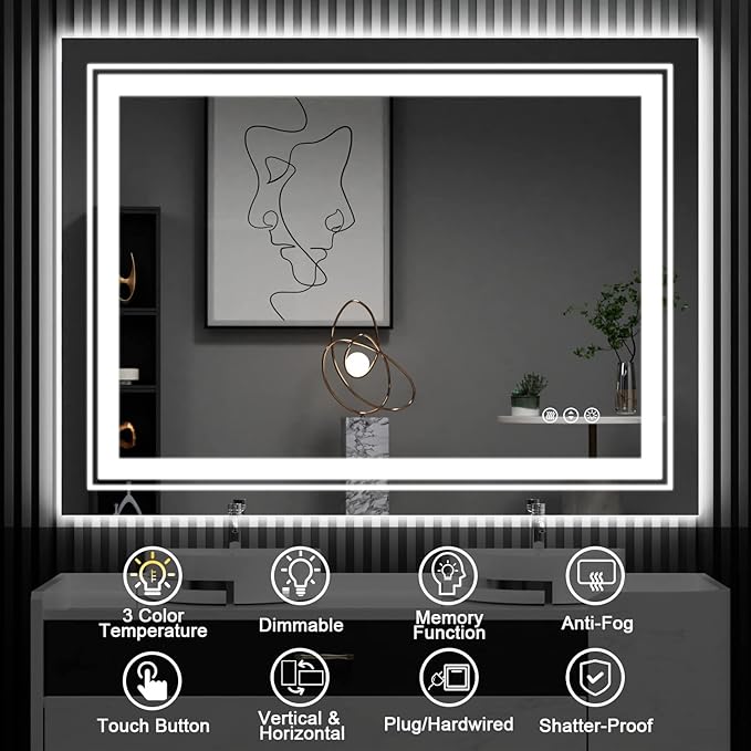 LED Bathroom Mirror, 48"X32" with Front and Backlit, Anti-Fog, Large Bathroom Vanity Mirror for Wall, Memory Function, Stepless Dimmable, Tempered Glass (Horizontal/Vertical)
