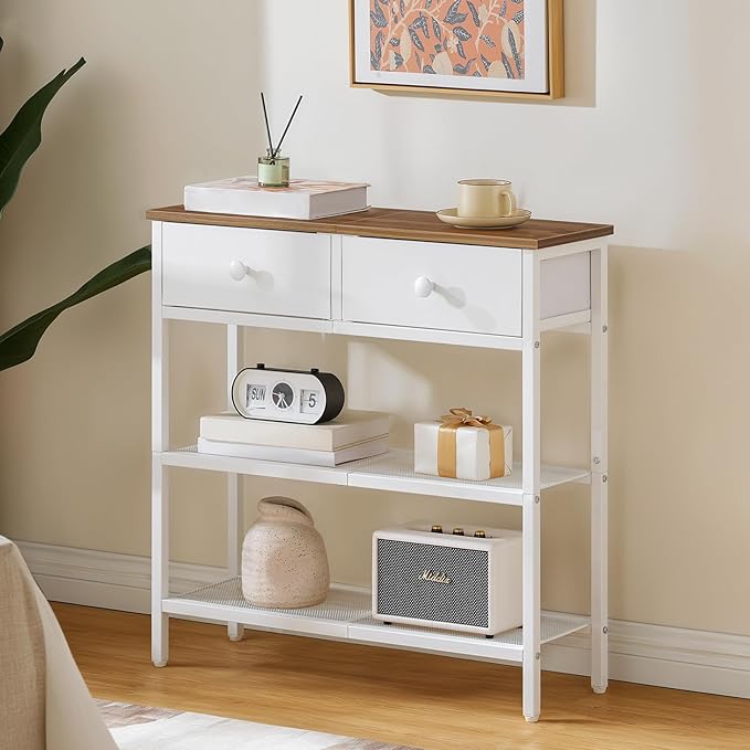 HOOBRO 29.5" Narrow Console Table with 2 Fabric Drawers, Sofa Table, Small Entryway Table with 3-Tier Storage Shelves, Behind Couch Table, for Living Room, Hallway, Walnut and White WH72XG01