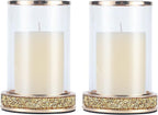 Pillar Candle Holders Set of 2,Hurricane Candle Holders,Candlesticks Holder With Glass Hurricane Lid,Metal Candle Holder For Coffee Dining Table, Wedding, Christmas, Home Decoration,Gold Candle Holder