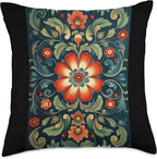 Traditional Norwegian Rosemaling Folk Art Throw Pillow