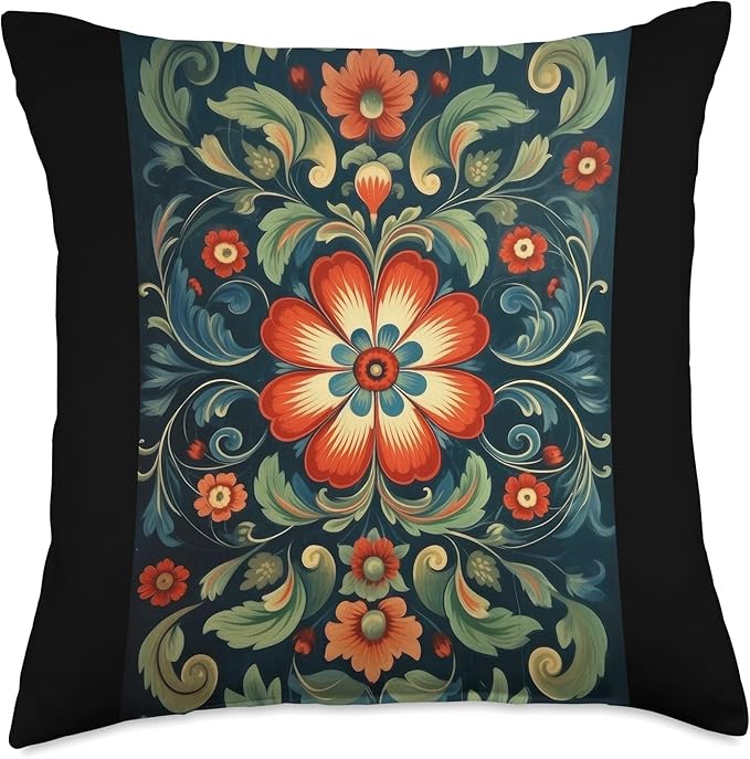 Traditional Norwegian Rosemaling Folk Art Throw Pillow
