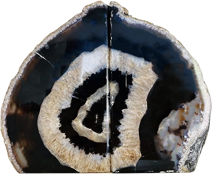 AMOYSTONE Black Geode Bookends Agate Decorative Book Ends for Shelves Heavy Duty Crystal Quartz Bookends with Rubber Bumpers(1 Pair, 3-4 LBS)