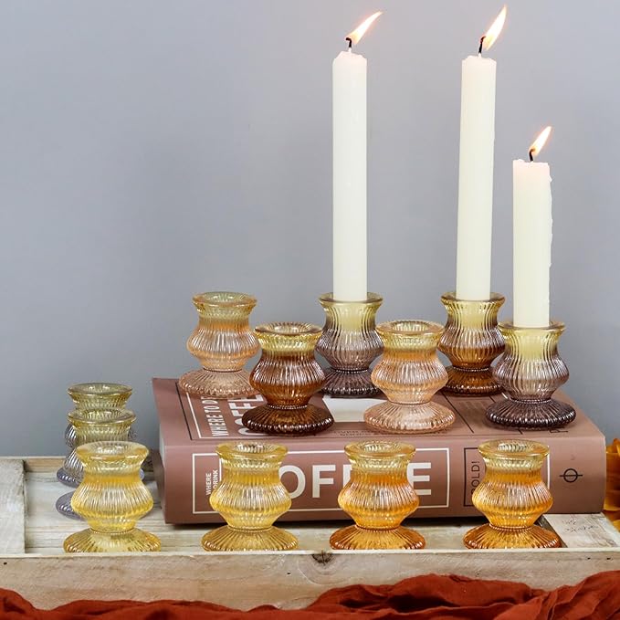 WDHODEC Orange Candlestick Candle Holders 12PCS Glass Taper Candle Holders for Table Centerpiece Colorful Gradient Candle Sticks for Wedding, Party and Festival Decoration