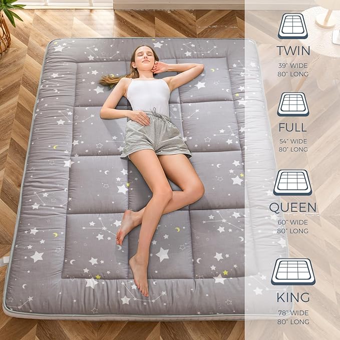 MAXYOYO Grey Constellation Futon Mattress, Japanese Floor Mattress Quilted Bed Mattress Topper, Extra Thick Folding Sleeping Pad Breathable Floor Lounger Guest Bed for Camping, King