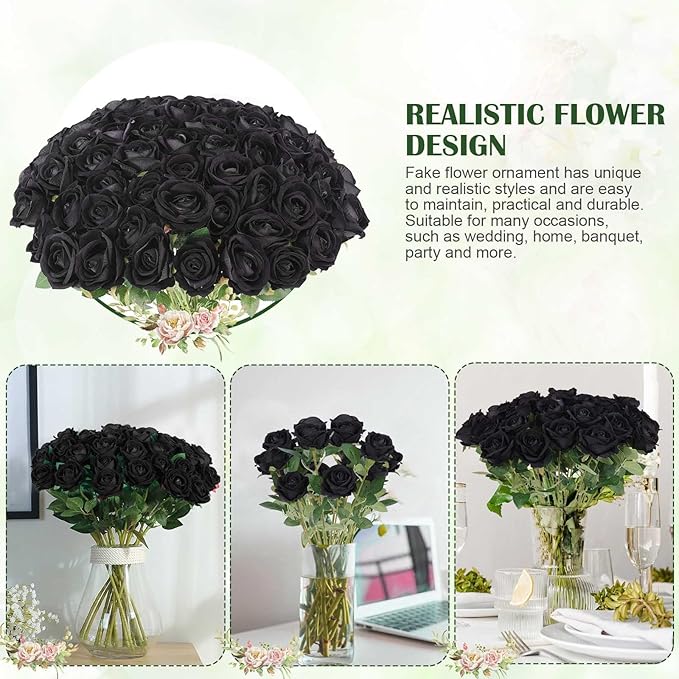 60 Pcs Artificial Roses Bulk Velvet Silk Black Roses Roses for Wedding Centerpieces Bridal Bouquet Mohter's Day Valentine's Day Halloween Home Decor(60, Black)