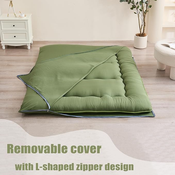 Japanese Floor Mattress, Futon Mattress with Portable Storage Bag and Washable Cover, Roll Up Thick Tatami Mat Suitable for Camping, Guest Room, Green, Full