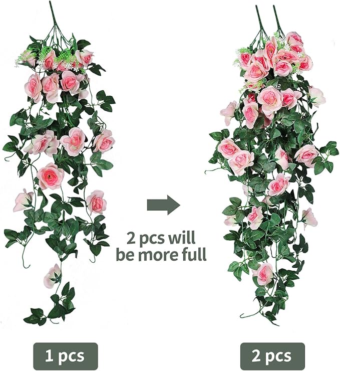 RECUTMS 4pcs Hanging Rose Flower Artificial Plants 32-in Fake Ivy Vine with 30 LED Fairy String Lights Outdoor UV Resistant Plastic Roses for Home Room Wedding Decor (Champagne)