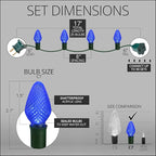 C7 LED Faceted Blue Prelamped Light Set, Green Wire - 25 C7 Blue LED Christmas Lights, 8" Spacing
