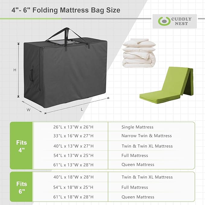 Cuddly Nest Folding Mattress Storage Bag - Heavy Duty Carry Case for Tri-Fold Guest Bed (Fits 4" Queen Mattress,Black)