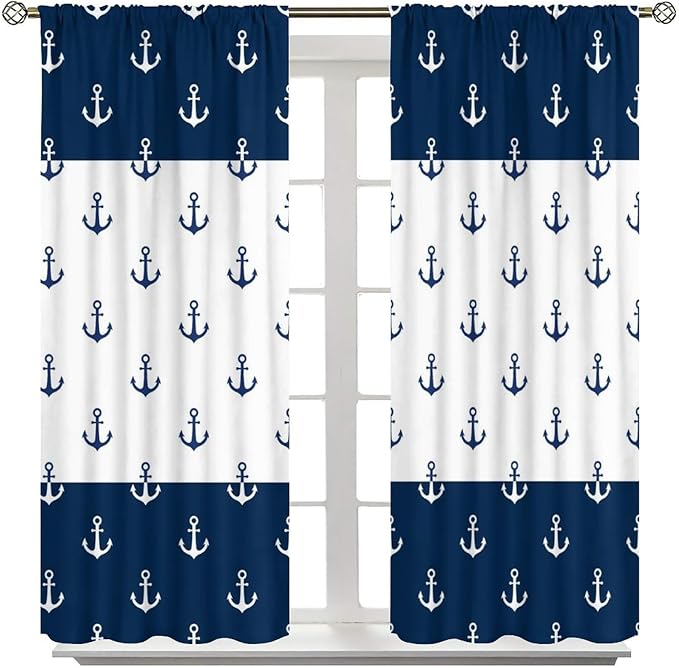 Anchor Pattern Curtains, Nautical Theme Navy Blue White Anchor Sea Life Adventure Print Blackout Window Treatments for Living Room Boys Men's Bedroom 42x54 Inch