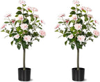 Artificial Camellia Tree 2 Pack, Artificial Plants Outdoor Faux Floral Plant in Cement Pot Fake Silk Camellia Tree Plants for Home House Living Room Office Decor