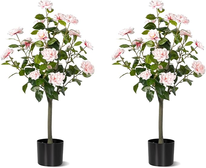 Artificial Camellia Tree 2 Pack, Artificial Plants Outdoor Faux Floral Plant in Cement Pot Fake Silk Camellia Tree Plants for Home House Living Room Office Decor