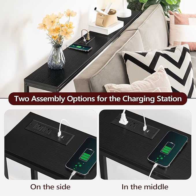 63" Console Table with Power Outlet, Narrow Sofa Industrial Entryway Behind Couch Table with USB Ports for Entryway, Hallway, Foyer, Living Room, Bedroom, Black CTHB16E01