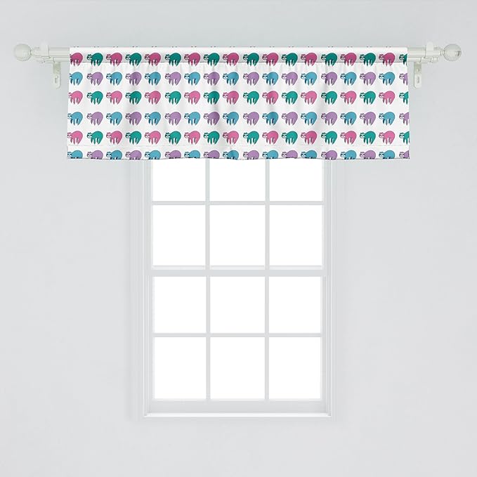Ambesonne Funny Sloth Window Valance Pack of 2, Colorful Art Repeating Lazy Animal on Plain Backdrop, Rod Pocket Curtain Valances for Kitchen Bedroom, 42" X 18", Dark Seafoam Pink