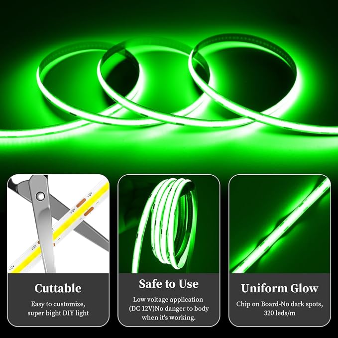 iNextStation COB LED Strip Light Green 16.4FT 5M, DC12V CRI 93+ Dimmable Flexible LED Tape Lights for Bedroom, Kitchen, TV Backlight, Cupboard, Wardrobe, Home Lighting Decor