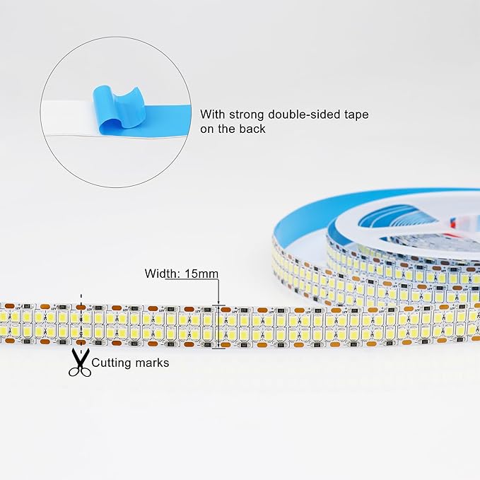 2835 SMD Cold White LED Strip Lights 6500K 16.4ft Double Row 2400 LEDs Flexible LED Strip Tape Light Ribbon Lamp DC 12V LED Daylight Dimmable Strip Lights for Bedroom Lighting