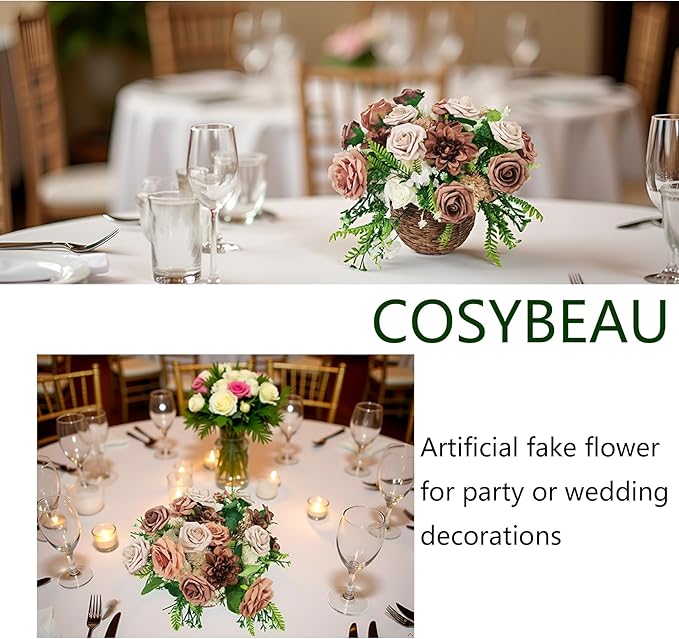 Artificial Fake Flowers 20pcs Roses, Mixed Coffee Brown Faux Flower for DIY Wedding Bouquet Bridal Shower Centerpieces Floral Arrangements Party Table Home Decorations
