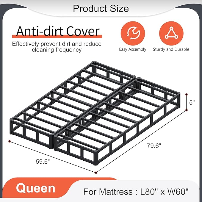 5 Inch Queen Box Spring, Split Design for Easy Setup in Apartments, Heavy Duty Steel Frame, Non-Slip Mattress Base Fabric Cover, Noise Free