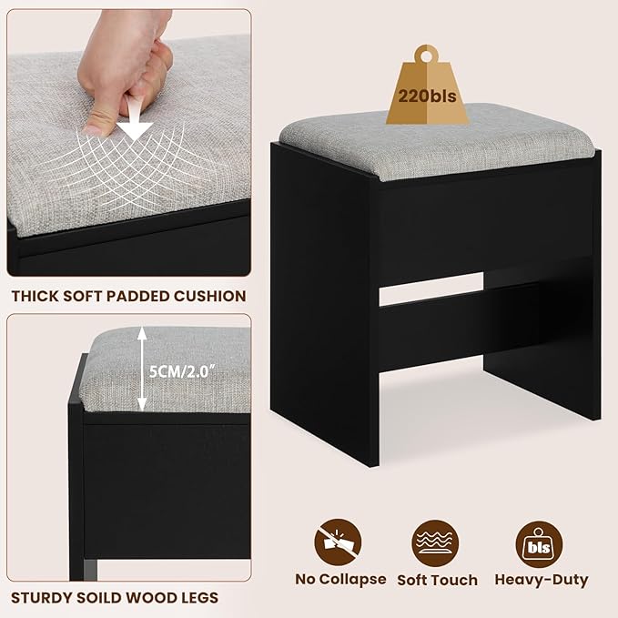Quimoo Makeup Vanity with 10 Light Bulbs and Charging Station, Vanity Desk with Lighted Mirror & 4 Drawers, Vanity Table Set with Cushioned Stool,Black