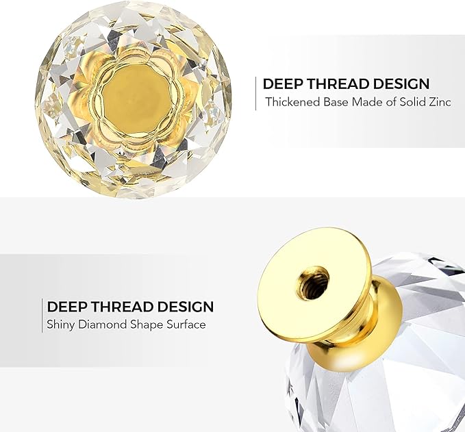 Ravinte Crystal Knobs for Dresser Drawers & Glass Cabinets - Diamond Shaped, 30 mm with Gold Base