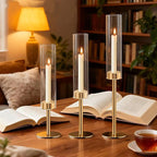Glass Hurricane Candlestick Holders, Rose Gold Taper Candle Holder Set, Vintage Candelabra, Great Gift for Home Decor Aesthetic, Birthday Parties, Fireplace Parties,Thanksgiving Day & Christmas