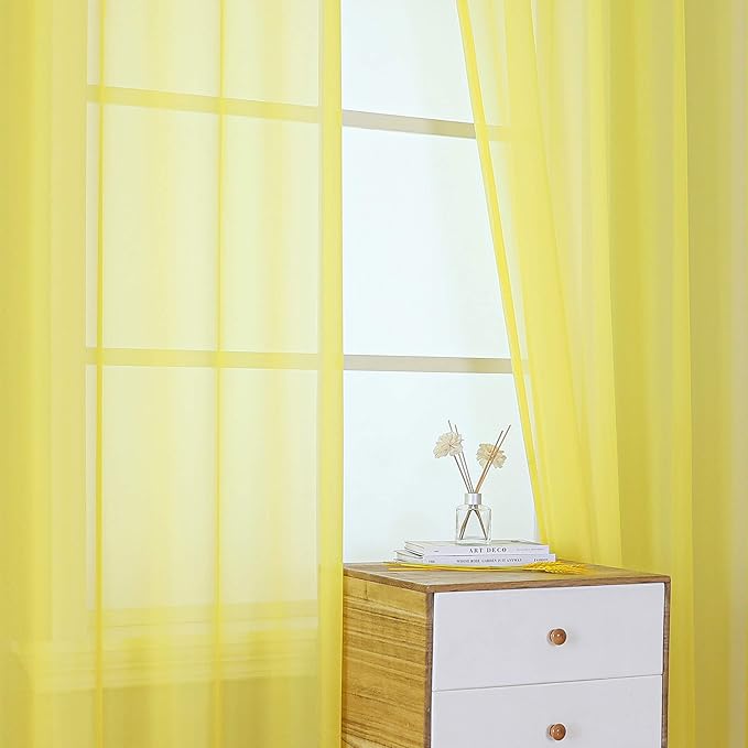 KEQIAOSUOCAI Vibrant Yellow 84 inch Length Sheer Voile Window Treatment Grommet Top Curtain Panels for Bedroom and Living Room (54 x 84 inches Long, Set of 2)