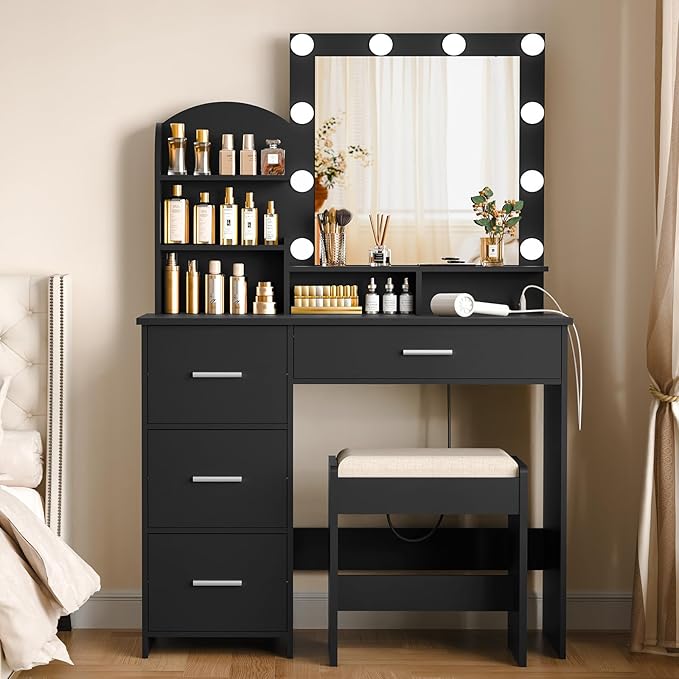 Quimoo Makeup Vanity with 10 Light Bulbs and Charging Station, Vanity Desk with Lighted Mirror & 4 Drawers, Vanity Table Set with Cushioned Stool,Black