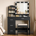 Quimoo Makeup Vanity with 10 Light Bulbs and Charging Station, Vanity Desk with Lighted Mirror & 4 Drawers, Vanity Table Set with Cushioned Stool,Black