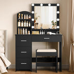 Quimoo Makeup Vanity with 10 Light Bulbs and Charging Station, Vanity Desk with Lighted Mirror & 4 Drawers, Vanity Table Set with Cushioned Stool,Black