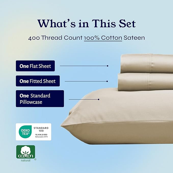 California Design Den Twin XL Sheet Sets - 400 Thread Count Sateen, 100% Cotton Bed Sheets, Deep Pockets, Soft & Breathable, Cooling and Durable Bedding Set - Beige (Golden Tone)
