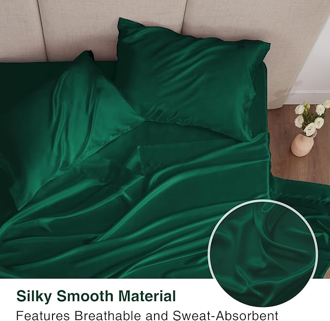 Love's cabin Full Size Satin Sheet Set - 4 Piece Dark Green Silky Satin Sheet Set with Deep Pocket, Luxury Silk Feel Satin Bed Sheets Full Bedding Set (1 Flat Sheet,1 Fitted Sheet,2 Pillow Cases)