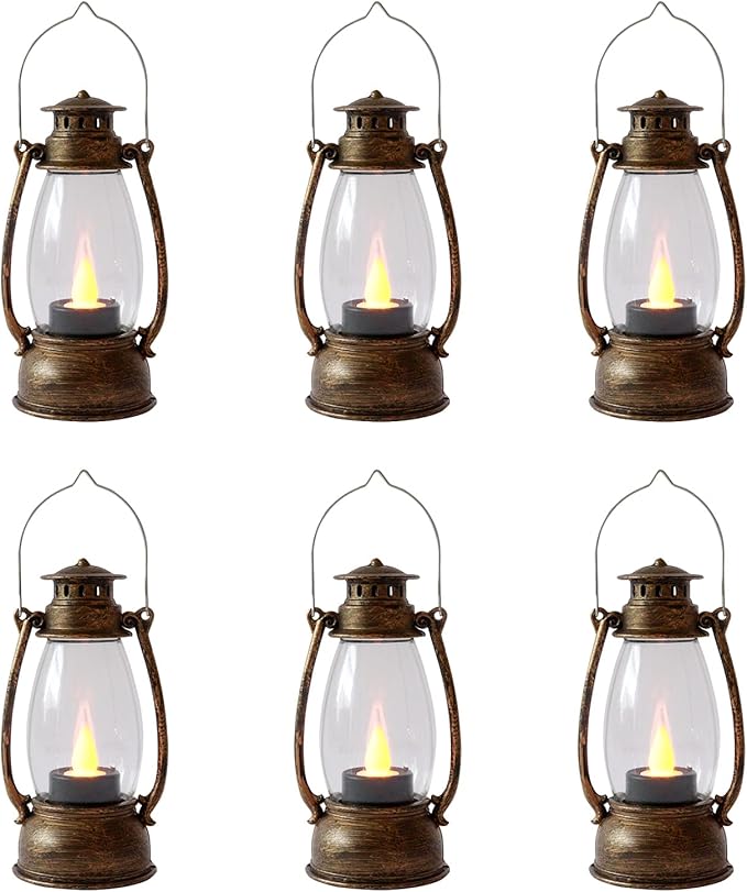 Mini Lanterns (6 Pcs-5.1in) Small Lantern Decorative Indoor Outdoor Hanging Ornaments LED Candle Lights Decorative Home Decor for Weddings Western Camping Party Halloween Christmas Decorations