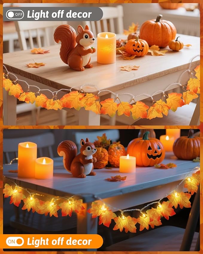 2Pack [8 Lighting Modes & Timer] Fall Decor Maple Leaf Garland with Lights 80LED Battery Operated Waterproof, Fall Decorations for Home Outdoor Indoor Thanksgiving Decor Halloween Friendsgiving Autumn