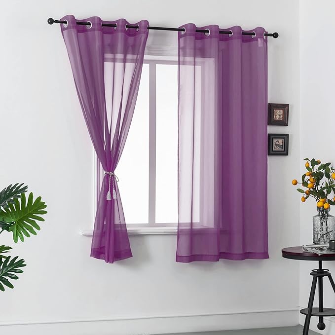 45 Inch Length Purple Short Sheer Curtains for Kitchen Small Windows Set of 2 Panels Grommet Window Semi Voile Drapes Purple Sheer Curtains for Living Room Kids Decor Dark Royal Purple 52x45 Long