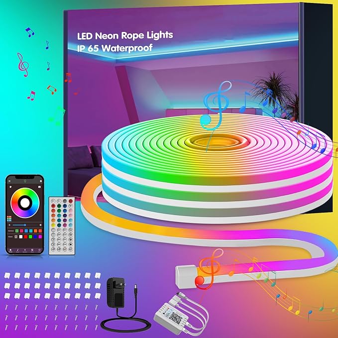 48ft RGB LED Neon Rope Lights with App, Remote Control, IP65 Waterproof Neon Light Strip Outdoor Indoor, DIY Design Flexible Led Strip Lights for Bedroom Essentials, Gaming Accessories