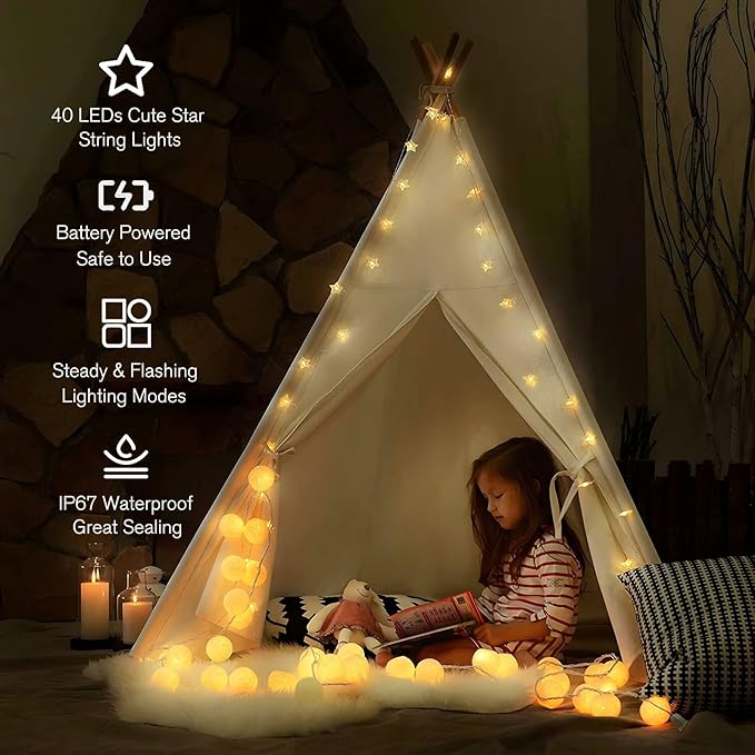 ANJAYLIA 40 LED Star String Lights 20 FT Fairy Christmas Lights Battery Operated for Indoor & Outdoor, Party, Wedding and Holiday Decorations Warm White