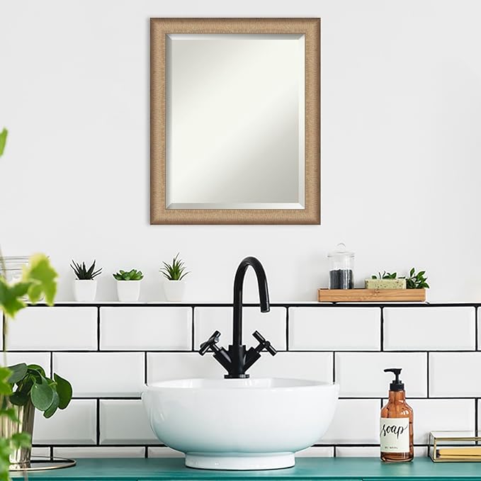 Amanti Art Bronze Bathroom Mirror for Over Sink, 23x19 Elegant Brushed Bronze Narrow Rectangle Vanity Mirror, Small Casual Frame, Hangs Horizonally and Vertically, Bathroom Wall Decor, Beveled Edge