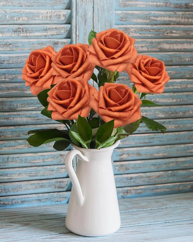 50PCS Burnt Orange Artificial Flowers Realistic Roses, Real Looking Fake Roses with Stem for DIY Wedding Bouquets Centerpieces Bridal Shower Party Home Romantic Decorations (Burnt Orange, 50pcs)