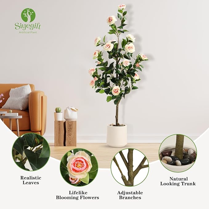 4FT Artificial Camellia Tree with White Planter & Pebbles,Faux Flower Tree with Lifelike Leaves and Realistic Trunk,Tall Fake Potted Plant for Home Décor Indoor Outdoor. (White, 4FT)