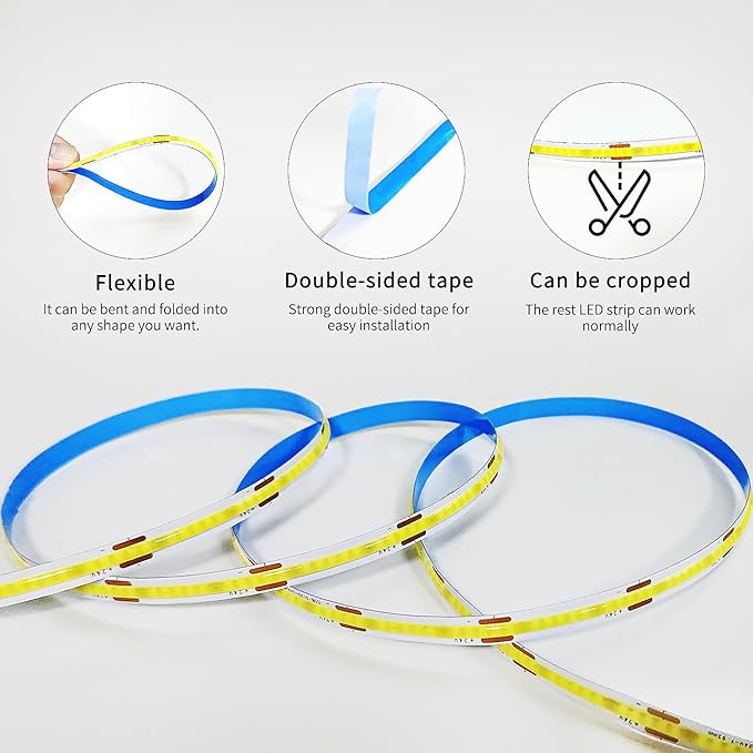 50FT COB LED Strip Lights 6000K White Dimmable DC 24V Flexible LED Tape Light for Bedroom, with Remote and app Control LED Light Strip,for DIY Home Decoration