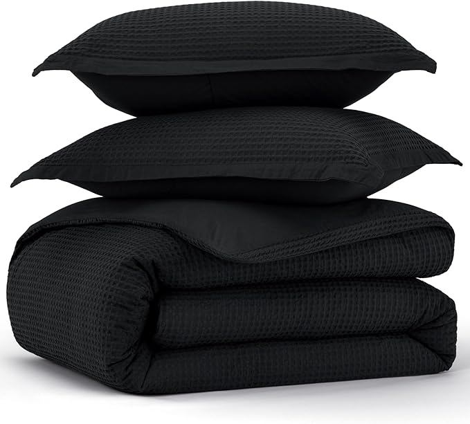 Bedsure Cotton Duvet Cover Set - 100% Cotton Waffle Weave Black Duvet Cover California King, GentleSoft™ and Breathable Cal King Bedding Set for All Season, 3 Pieces, 104"x98"
