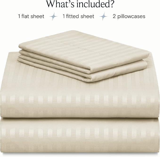 LuxClub Striped Sheets, 3 PC Striped Bed Sheets Twin Size, Deep Pockets 18" Eco Friendly Wrinkle Free-Kids-Fitted Sheets Machine Washable Hotel Bedding (Twin, Cream)