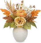 Artificial Fall Floral Centerpiece with Vase, Fake Flowers for Autumn Table Decorations, Silk Rose & Maple Leaves Arrangement, Rustic Cement Vase Harvest Decor for Dining Table, Kitchen, Living Room