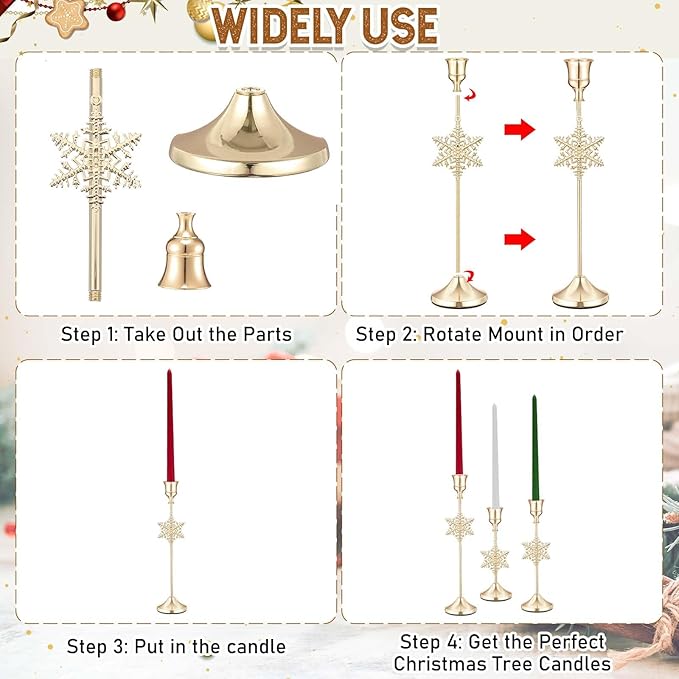 3 Pcs Christmas Candle Holders 3 Size Gold Taper Candlestick Holders Set Vintage Decorative Centerpiece for Table Mantel Wedding Housewarming Thanksgiving Gifts (Snowflake)